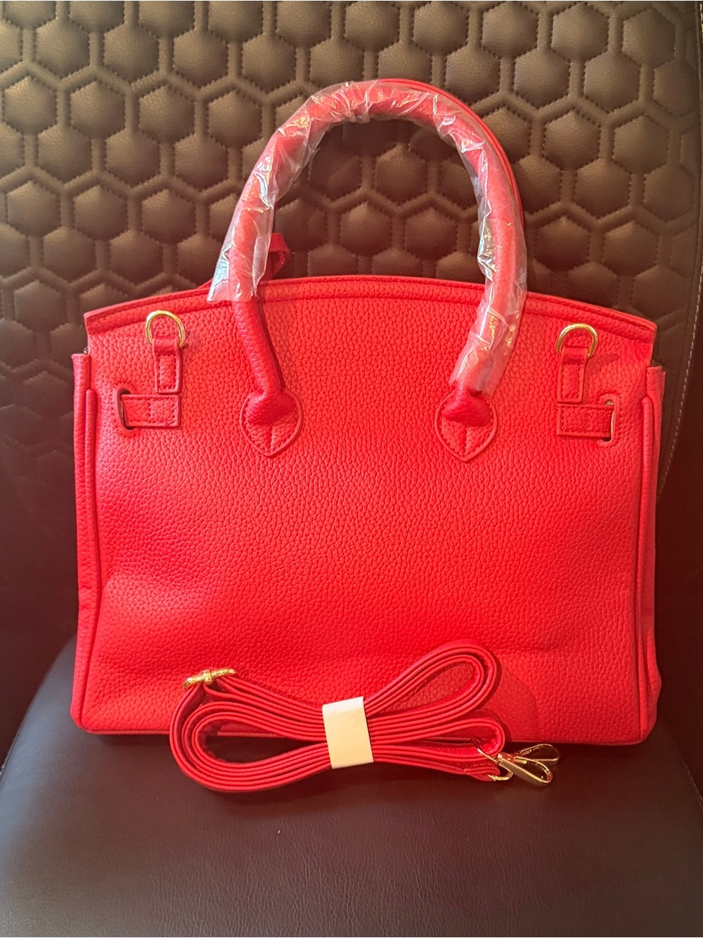 Bright Red Structured Top-Handle Women’s Handbag with Gold Hardware - Picture 6 of 7